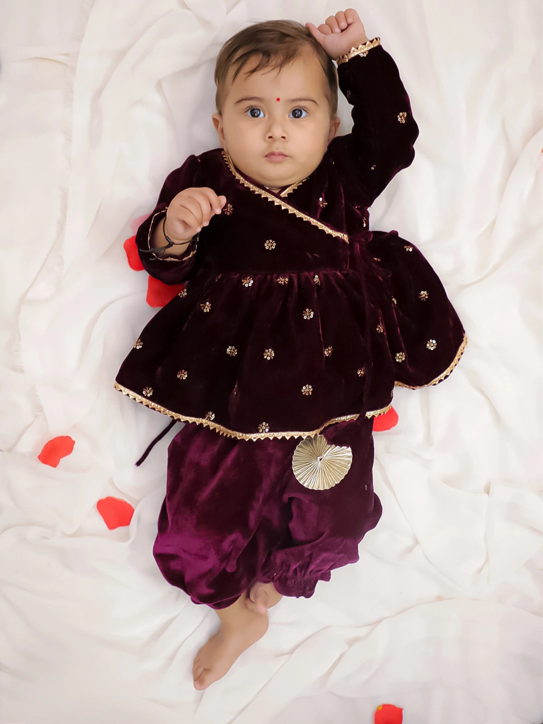 BownBee Winter Velvet Angrakha Suit Set For Infant Girls - Pink