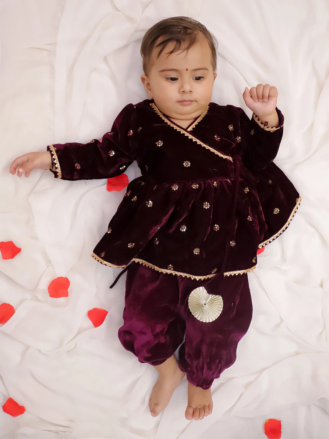 BownBee Winter Velvet Angrakha Suit Set For Infant Girls - Pink