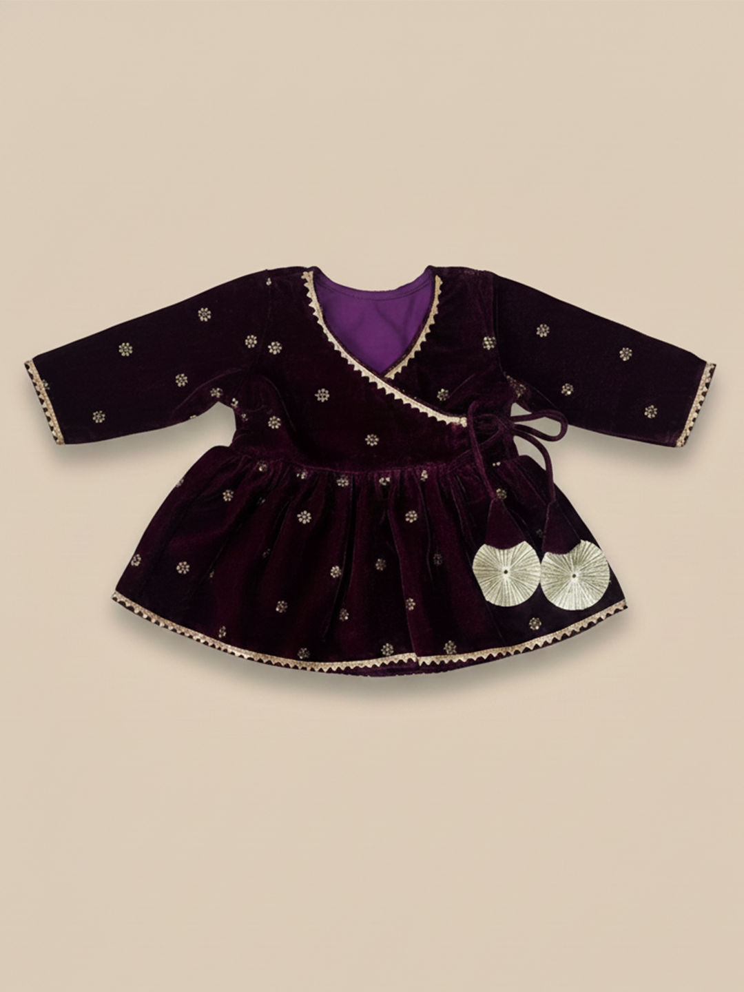 BownBee Winter Velvet Angrakha Suit Set For Infant Girls - Purple