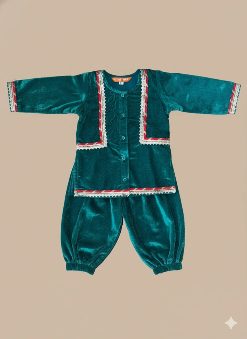 BownBee Winter Velvet Jacket Gota  Suit Set For Infant Girls