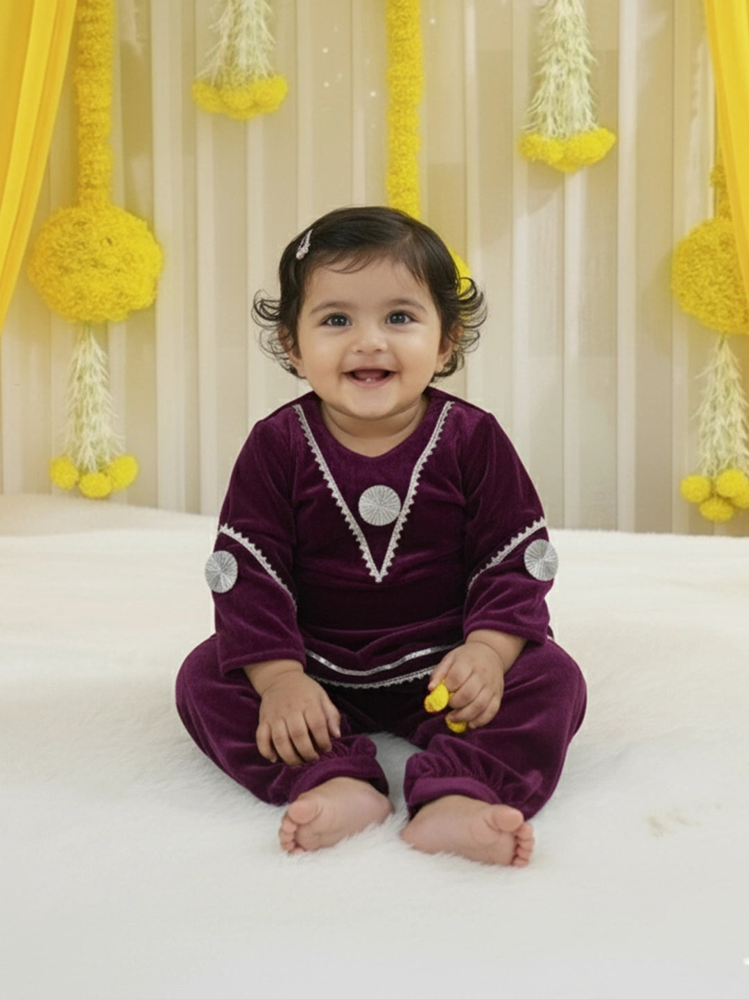 BownBee Winter Velvet Jacket Gota  Suit Set For Infant Girls