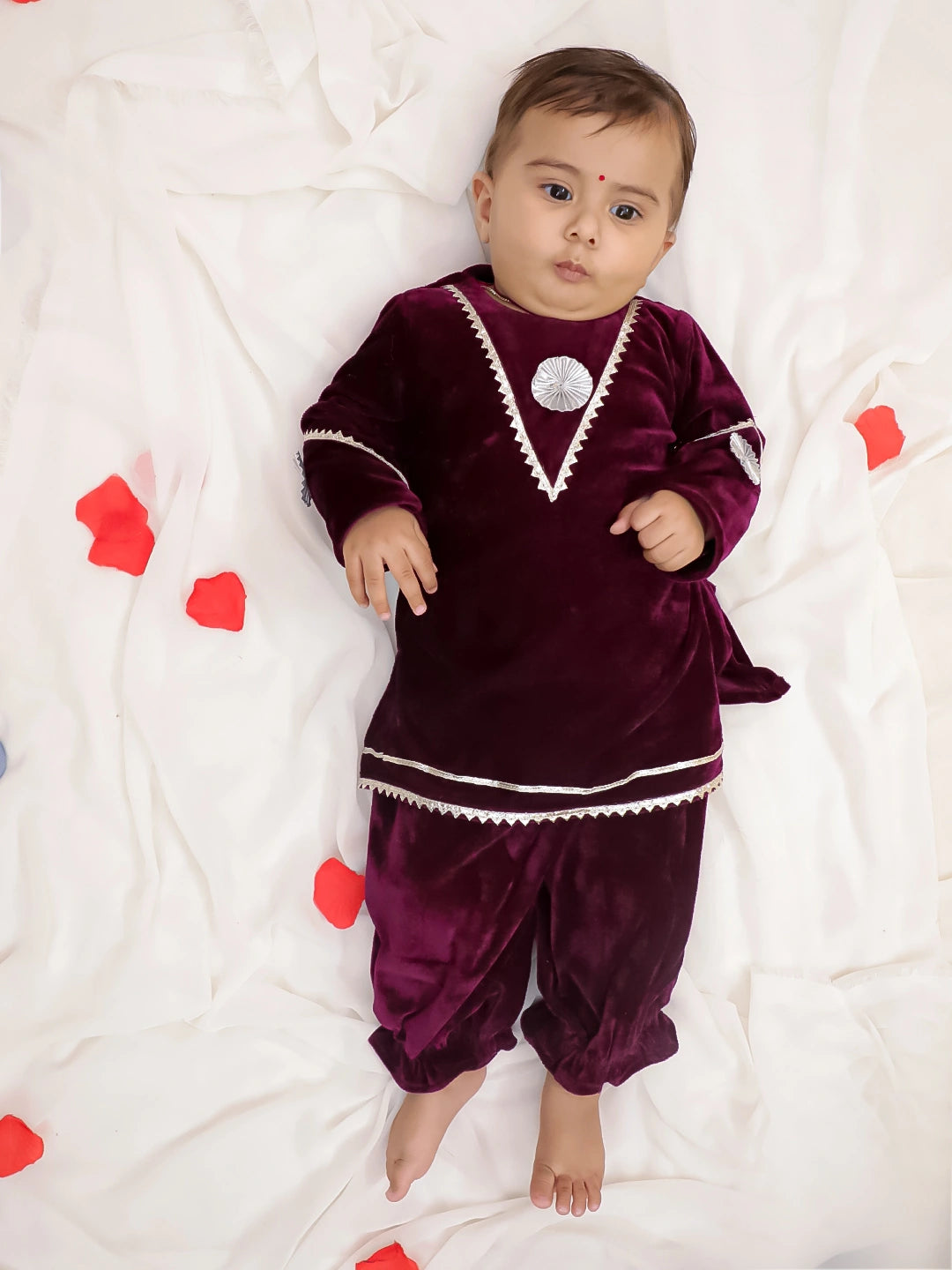 BownBee Winter Velvet Jacket Gota  Suit Set For Infant Girls
