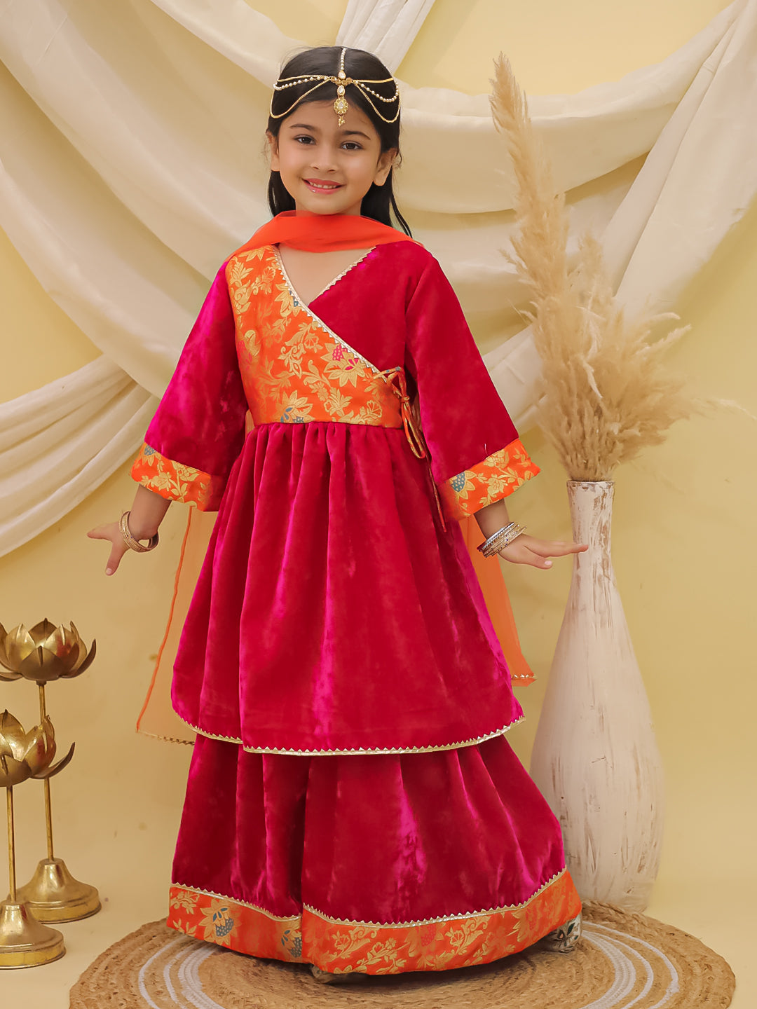 BownBee Wedding Velvet Jacquard Sharara Suit Set -Pink