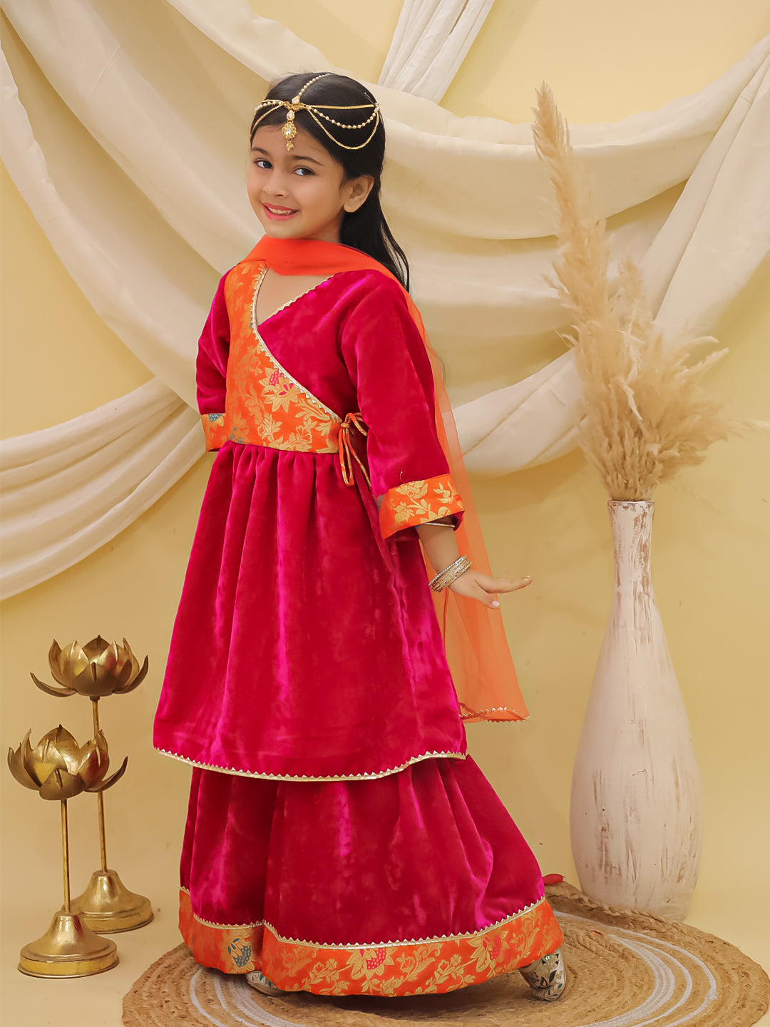 BownBee Wedding Velvet Jacquard Sharara Suit Set -Pink