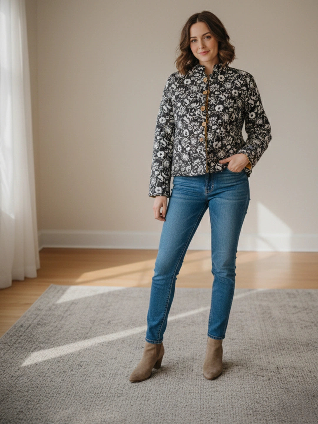 BownBee Pure Cotton Printed Quilted & Reversible Jackets For Women - Red