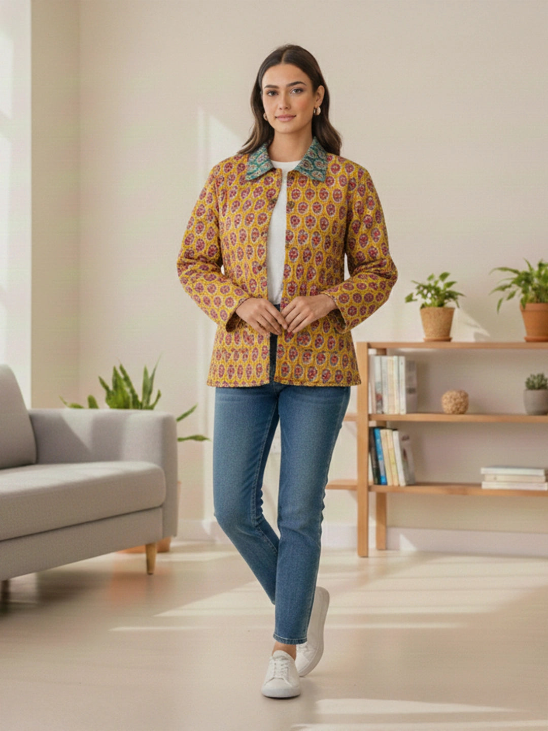 BownBee Pure Cotton Printed Quilted & Reversible Jackets For Women - Red