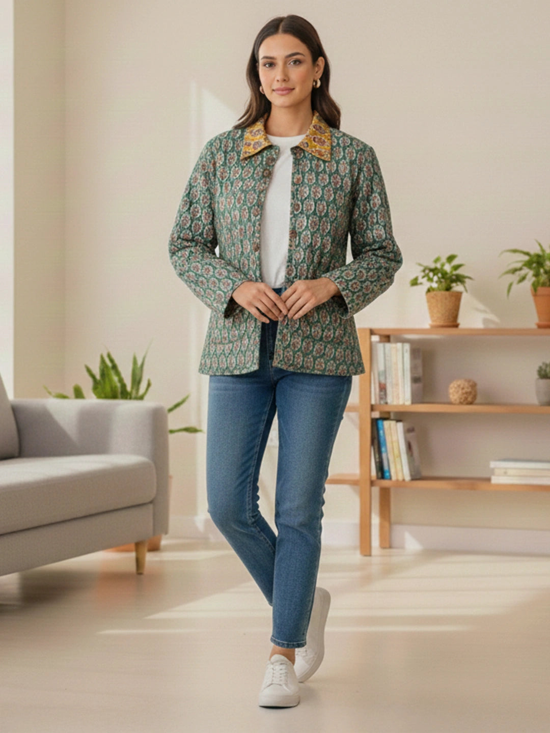 BownBee Pure Cotton Printed Quilted & Reversible Jackets For Women - Red