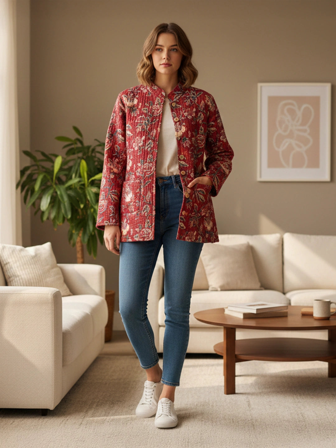 BownBee Pure Cotton Printed Quilted & Reversible Jackets For Women - Red