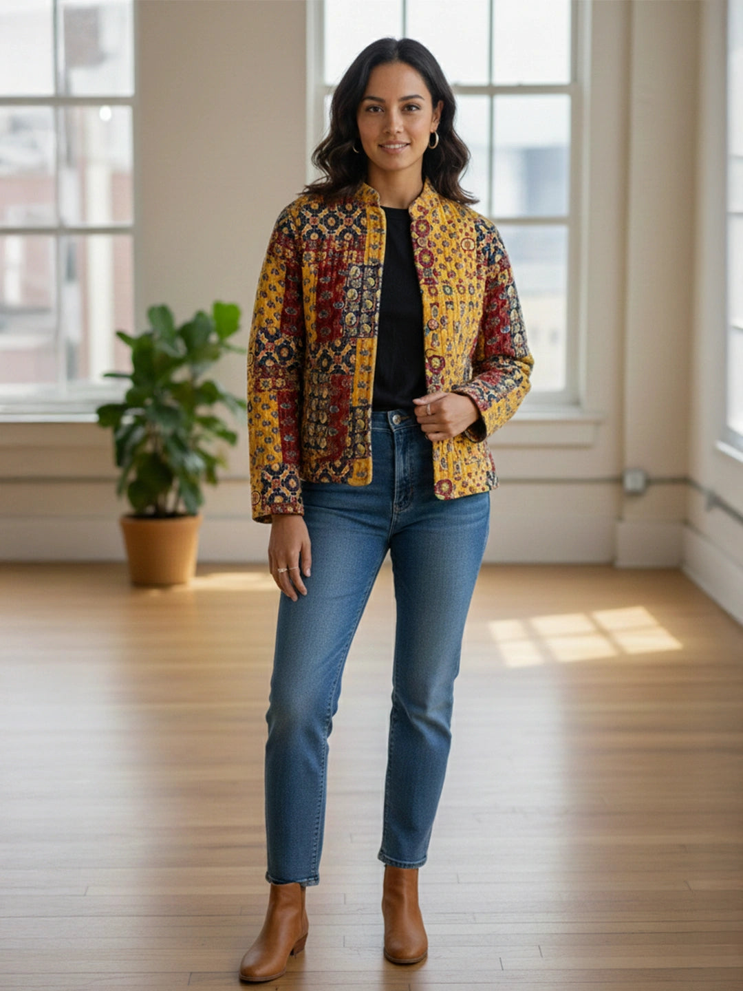 BownBee Pure Cotton Printed Quilted & Reversible Jackets For Women - Red