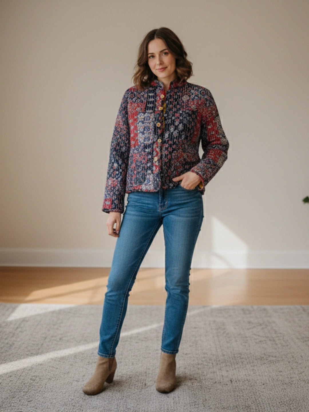 BownBee Pure Cotton Printed Quilted & Reversible Jackets For Women - Red