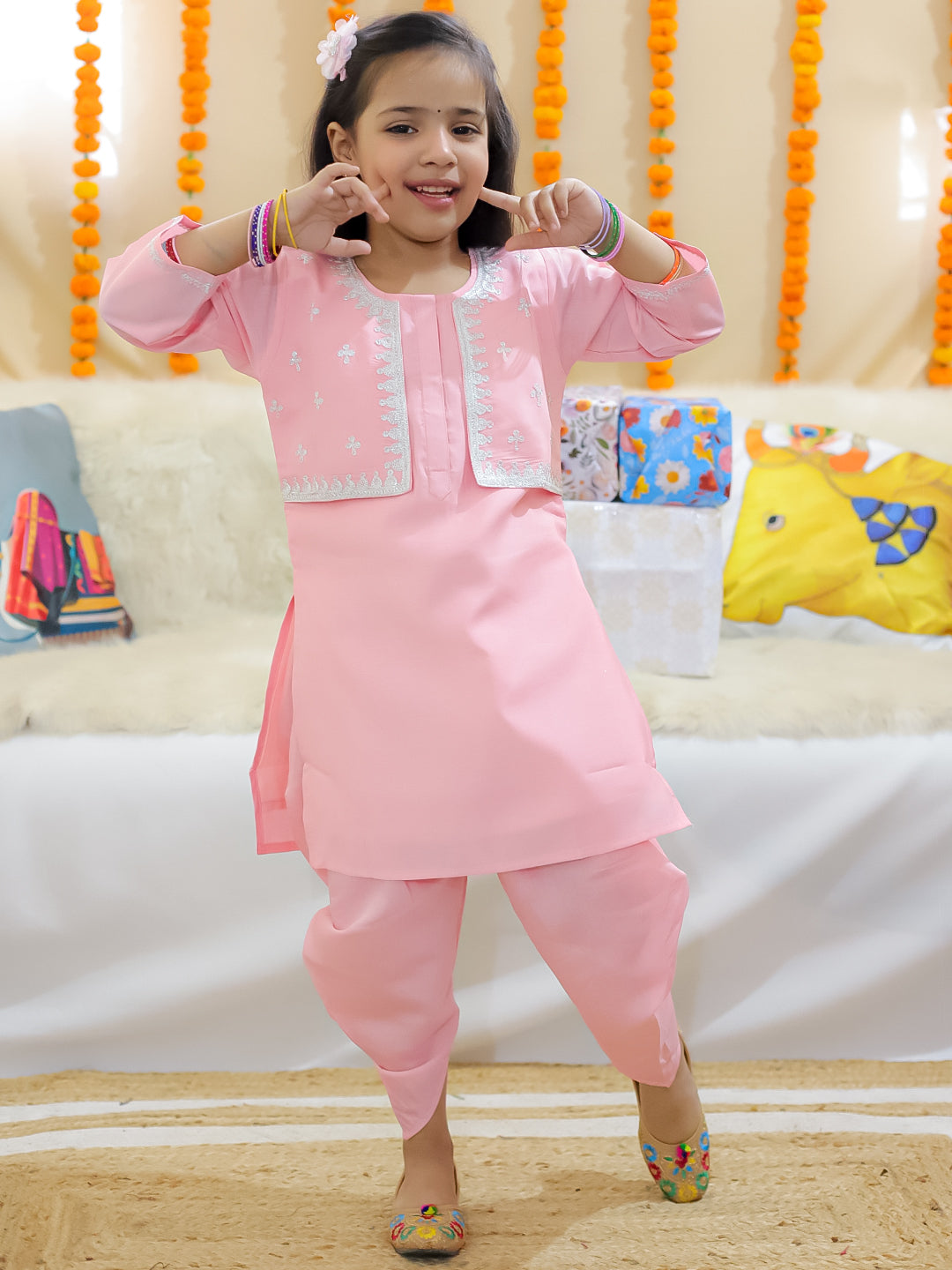 BownBee Girls Embroidered Attached Jacket Kurti with Dhoti - Baby Pink