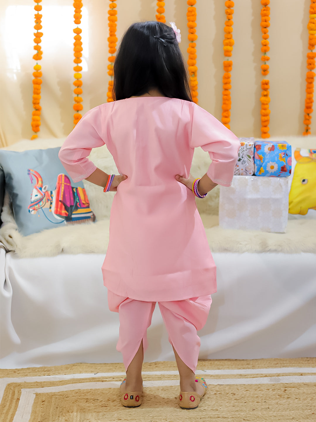 BownBee Girls Embroidered Attached Jacket Kurti with Dhoti - Baby Pink