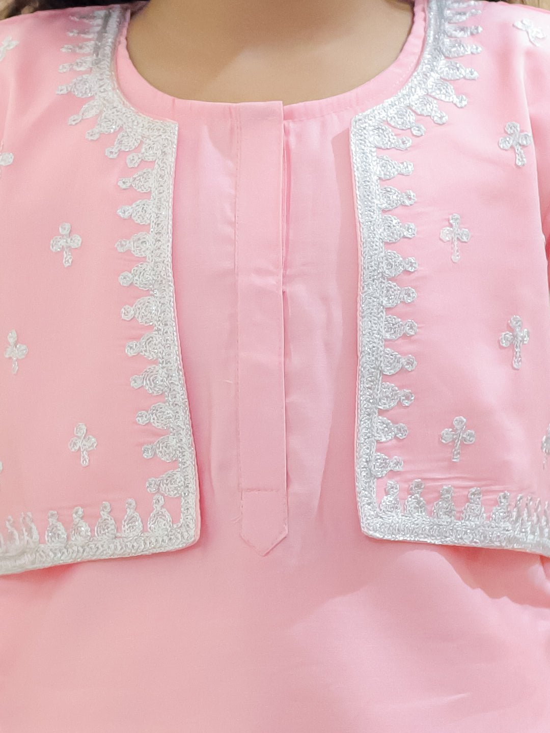 BownBee Girls Embroidered Attached Jacket Kurti with Dhoti - Baby Pink