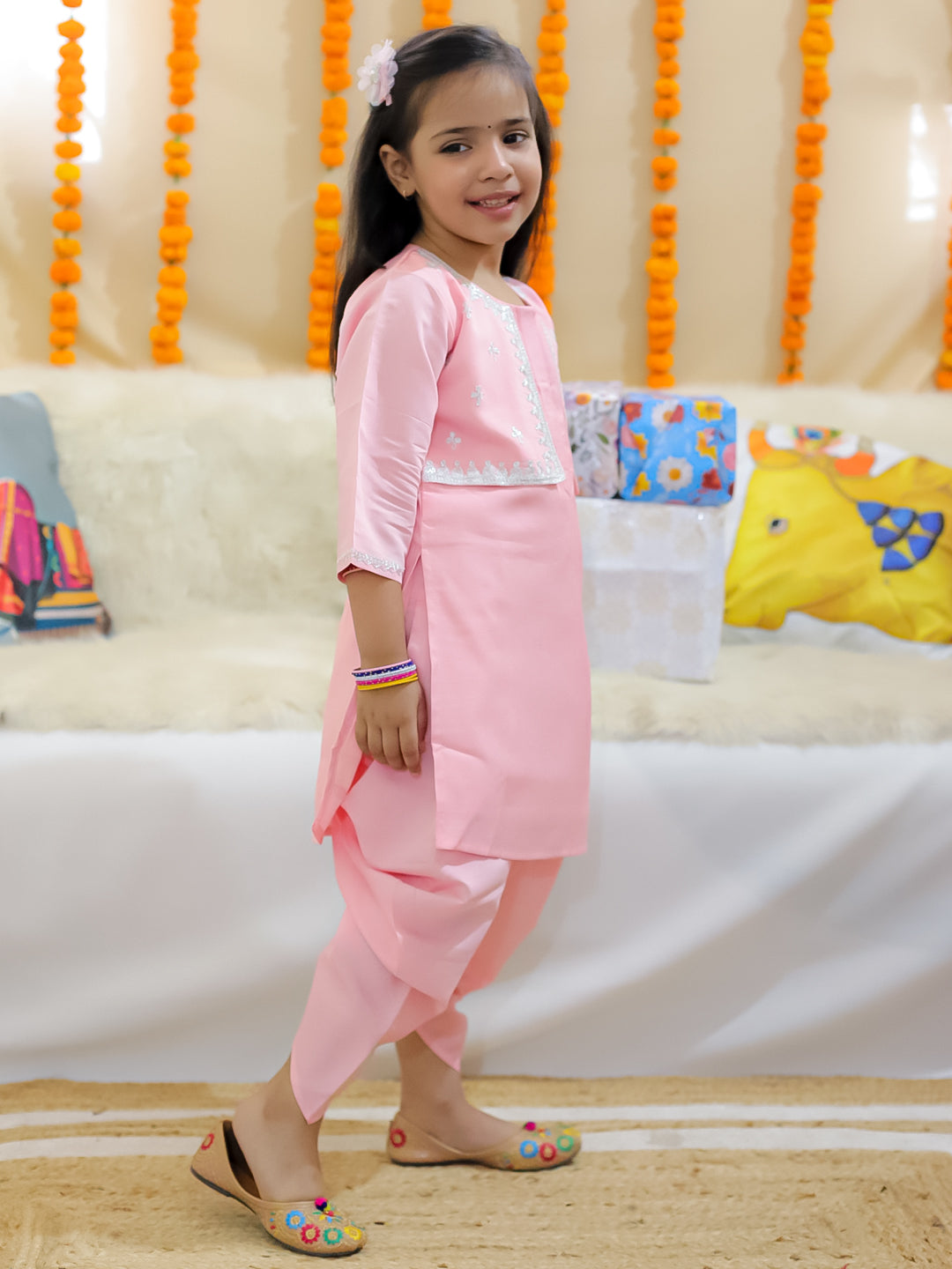 BownBee Girls Embroidered Attached Jacket Kurti with Dhoti - Baby Pink