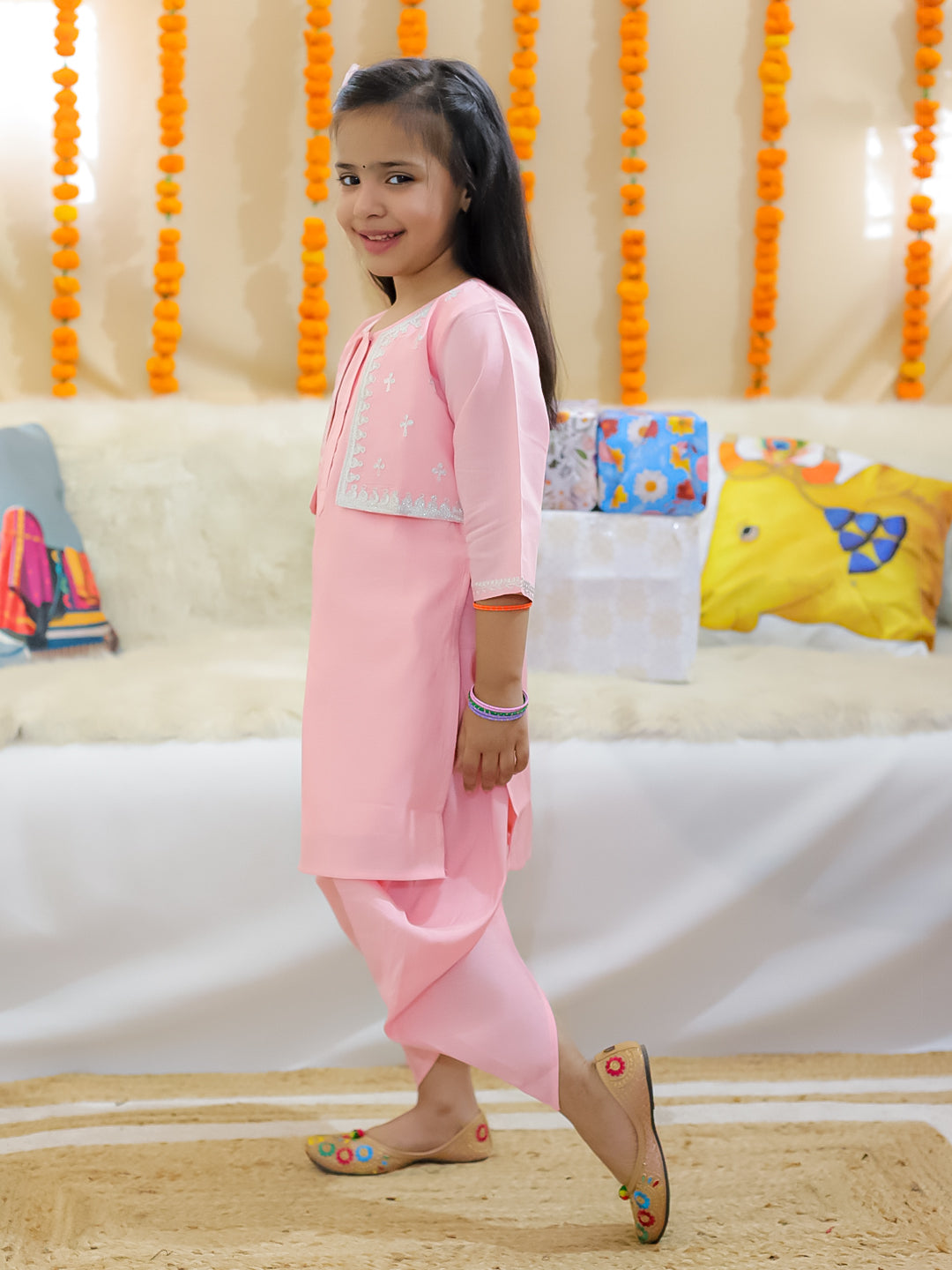 BownBee Girls Embroidered Attached Jacket Kurti with Dhoti - Baby Pink