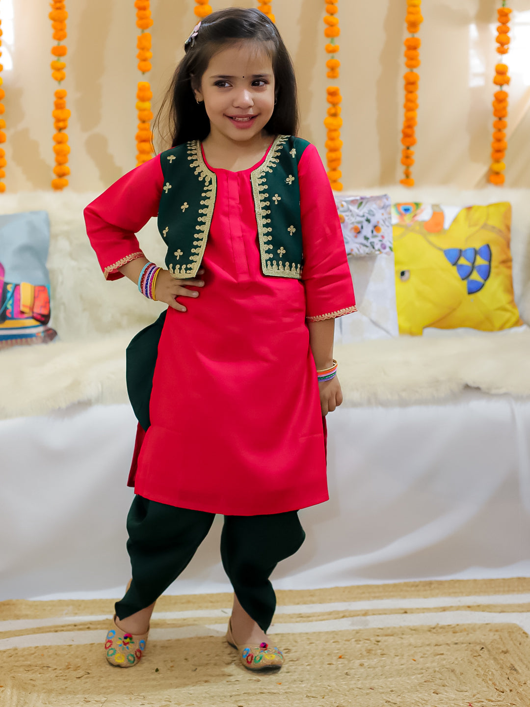 BownBee Girls Embroidered Attached Jacket Kurti with Dhoti - Pink