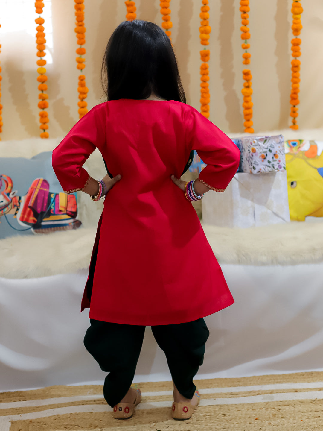 BownBee Girls Embroidered Attached Jacket Kurti with Dhoti - Pink