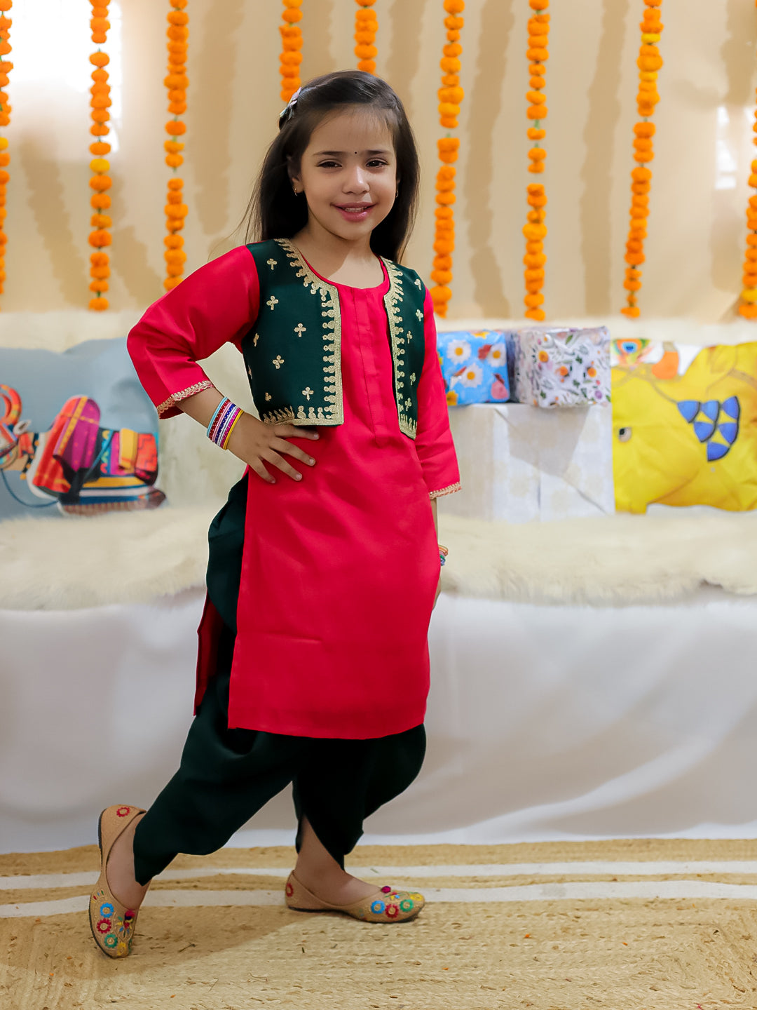 BownBee Girls Embroidered Attached Jacket Kurti with Dhoti - Pink
