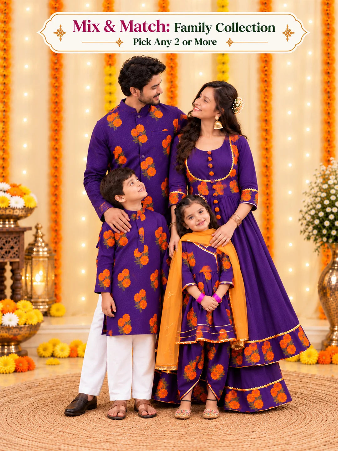 BownBee Genda Phool Printed Family Matching Ethnic Combo Set