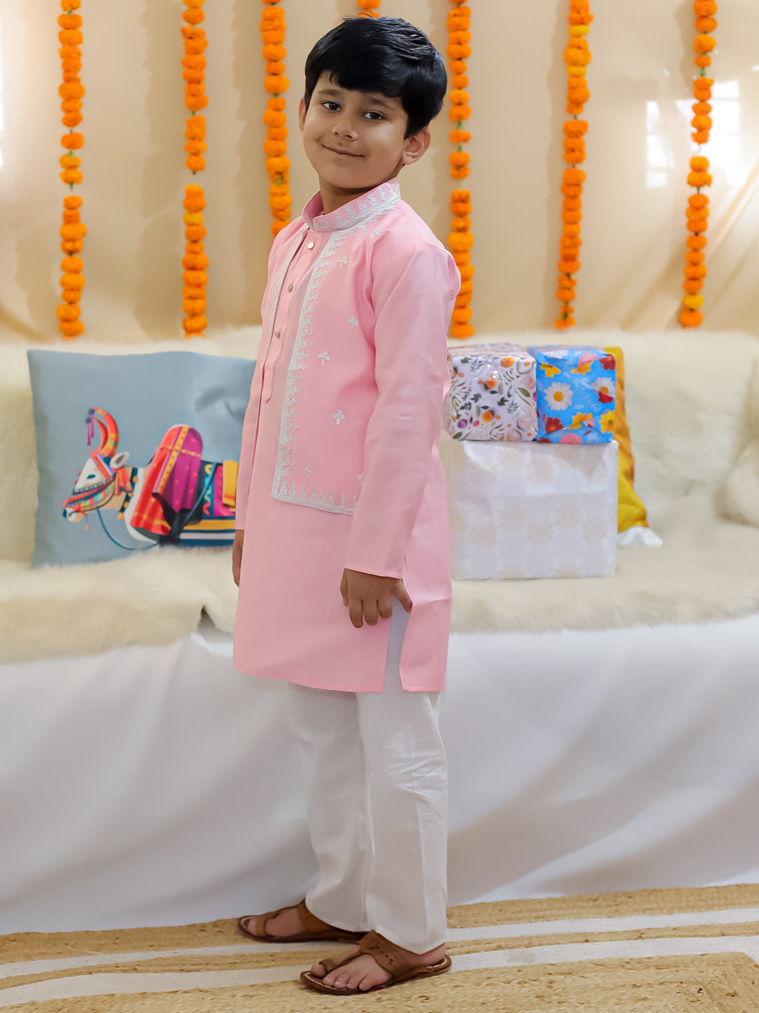 BownBee Sibling Set Embroidered Attached Jacket Kurta Pajama with Attached Jacket Kurti Dhoti