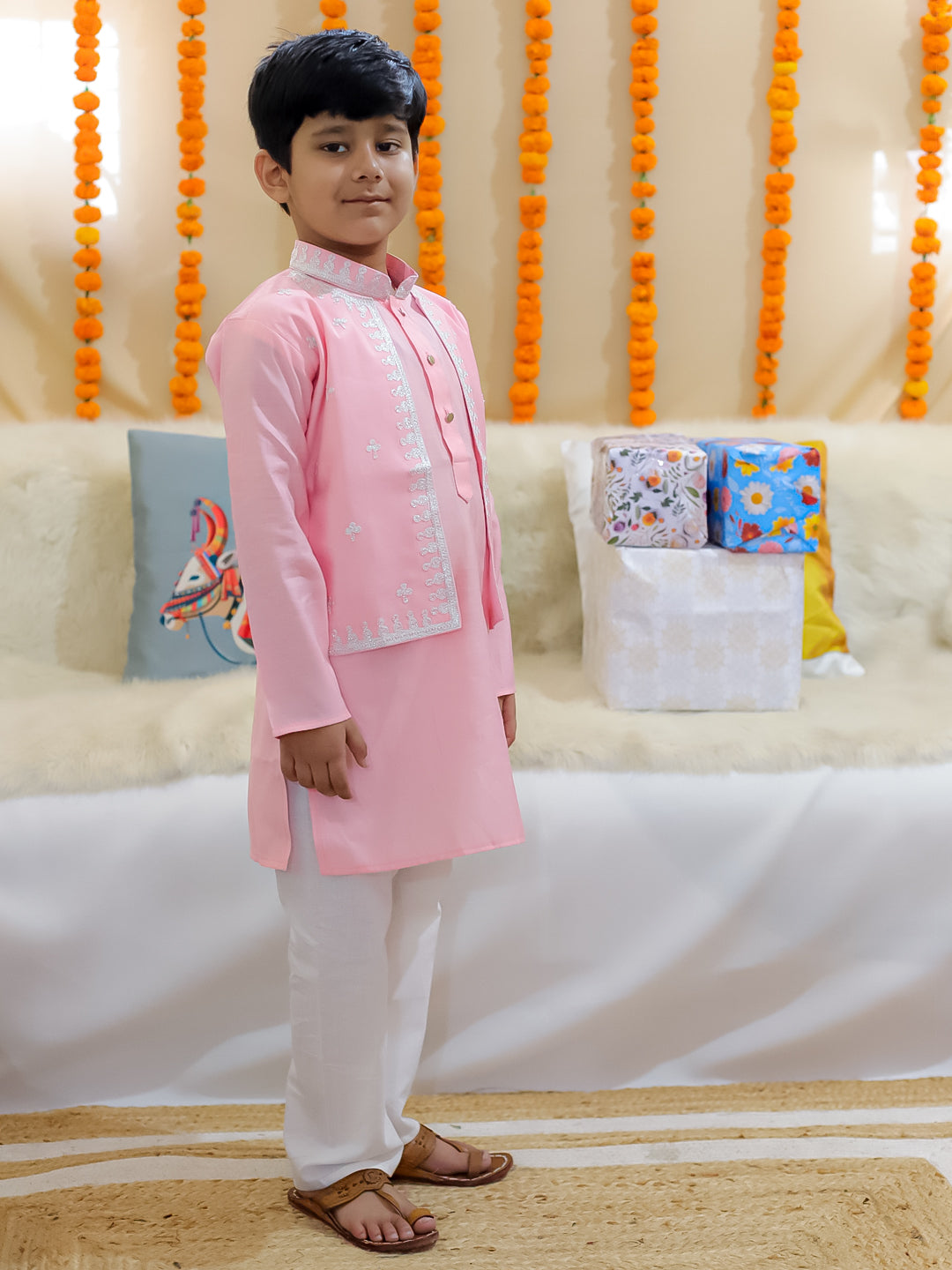 BownBee Pure Chanderi Embroidered Attached Jacket Kurta Pajama for Boys- Baby Pink