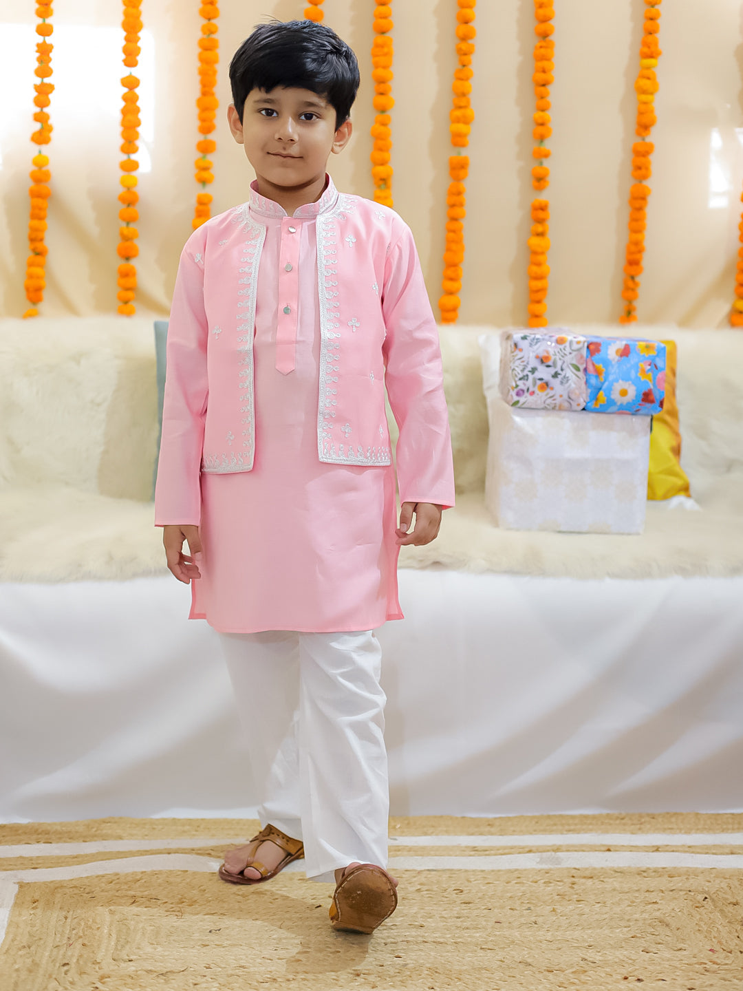 BownBee Sibling Set Embroidered Attached Jacket Kurta Pajama with Attached Jacket Kurti Dhoti