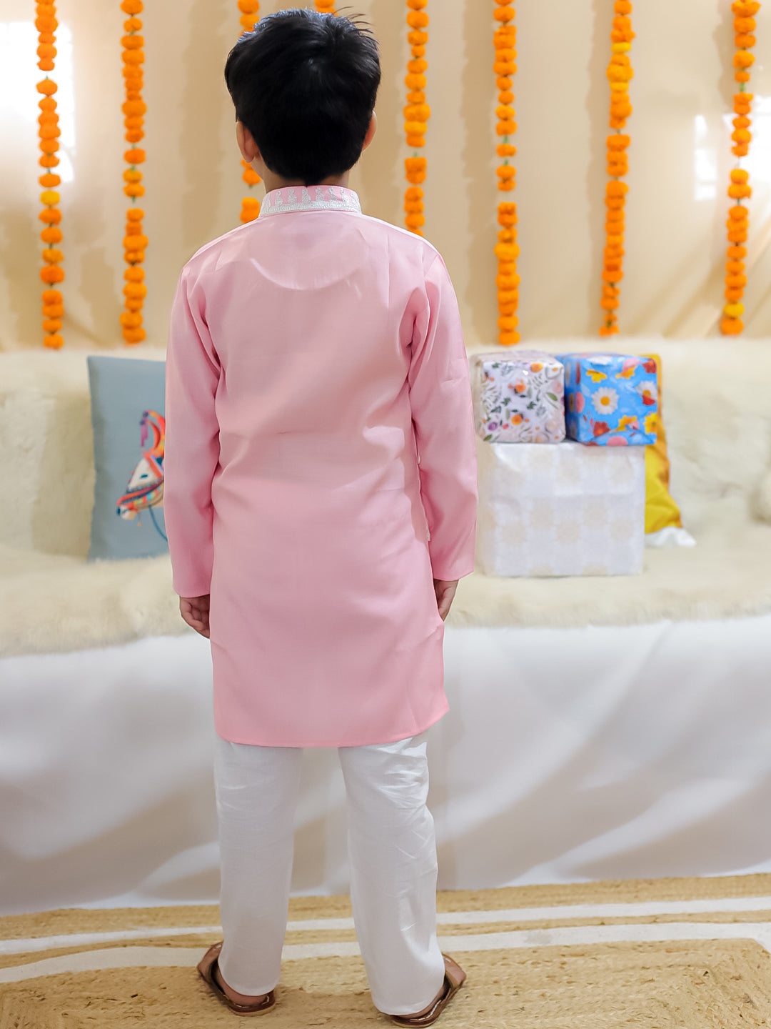 BownBee Pure Chanderi Embroidered Attached Jacket Kurta Pajama for Boys- Baby Pink