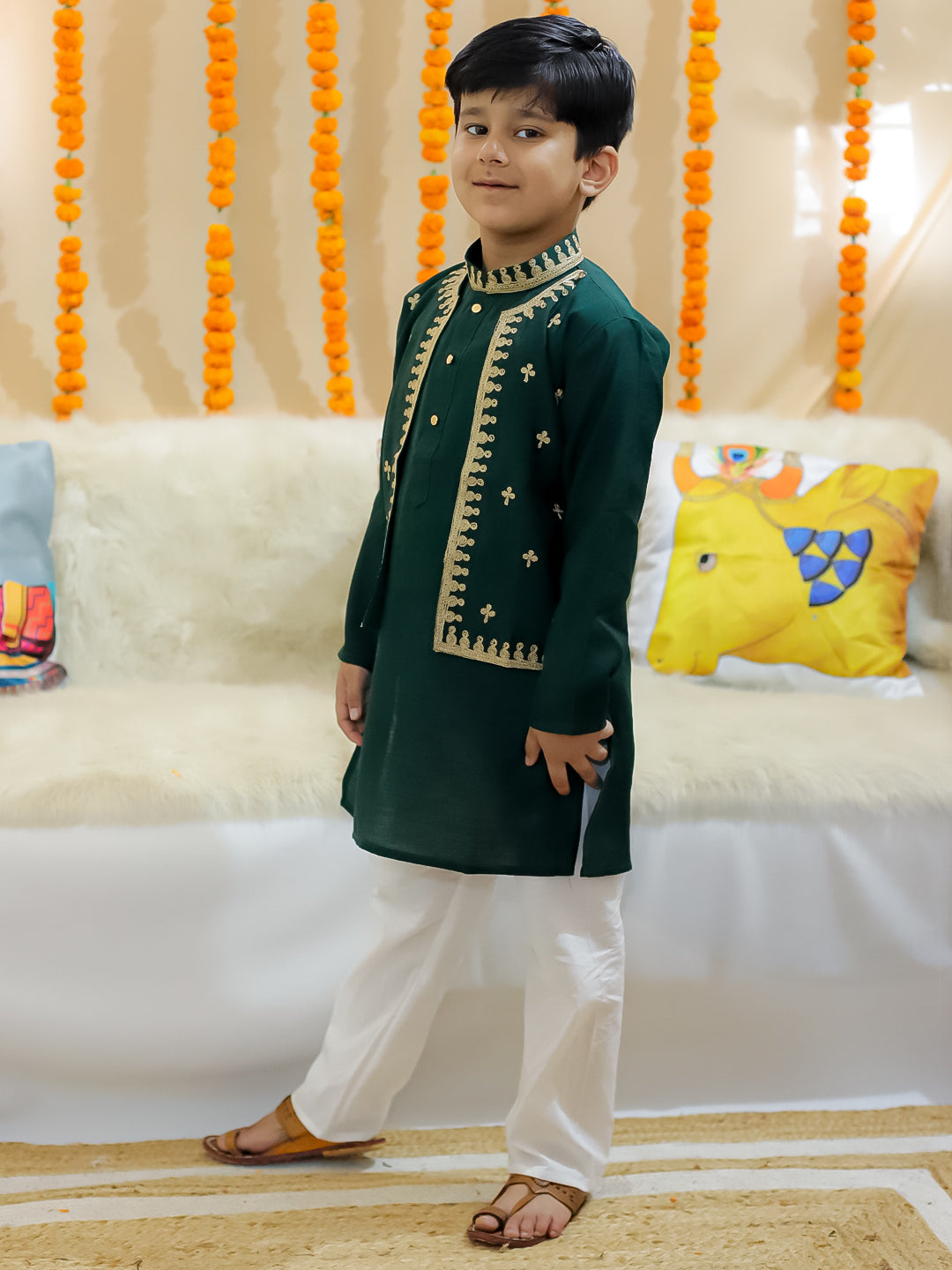 BownBee Pure Chanderi Embroidered Attached Jacket Kurta Pajama for Boys- Green