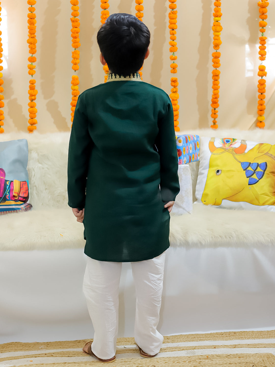 BownBee Pure Chanderi Embroidered Attached Jacket Kurta Pajama for Boys- Green