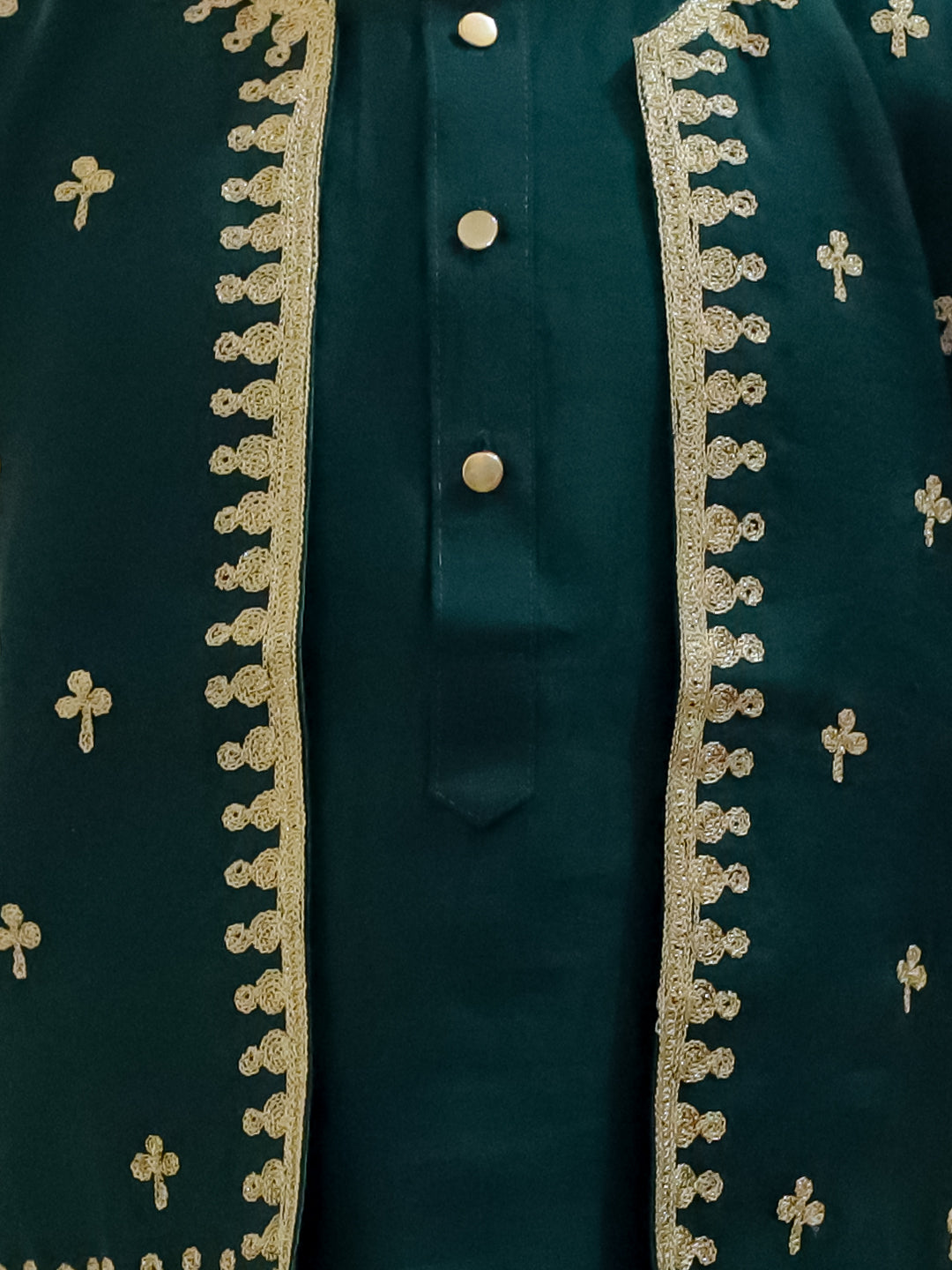 BownBee Pure Chanderi Embroidered Attached Jacket Kurta Pajama for Boys- Green