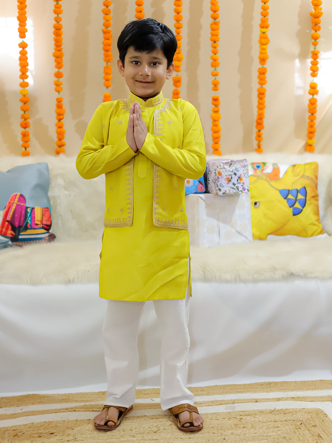 BownBee Sibling Set Embroidered Attached Jacket Kurta Pajama with Attached Jacket Kurti Dhoti