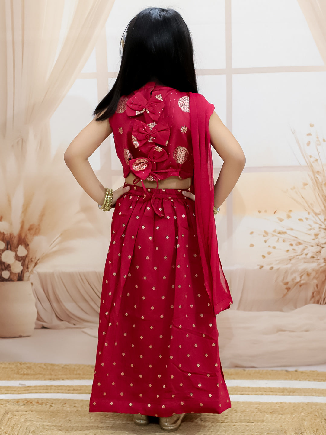 BownBee Pure Chanderi Halter Neck Top with Lehenga & Dupatta for Girls- Maroon