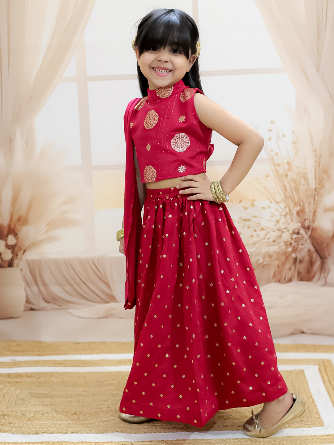 BownBee Pure Chanderi Halter Neck Top with Lehenga & Dupatta for Girls- Maroon
