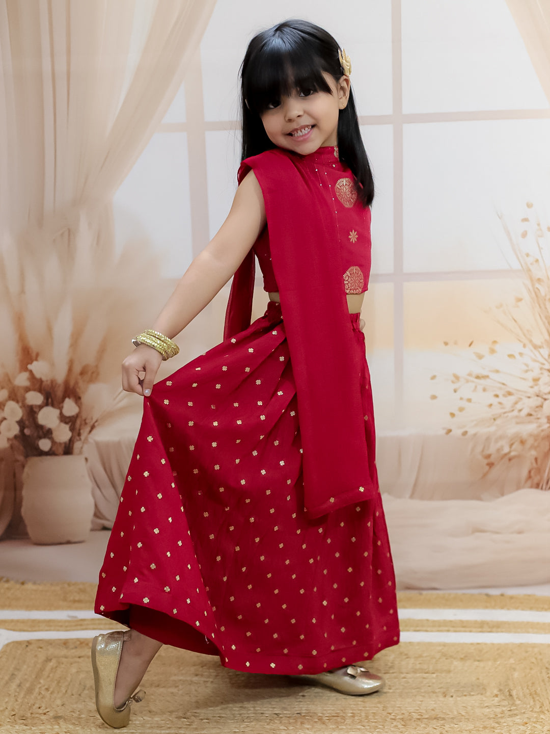 BownBee Pure Chanderi Halter Neck Top with Lehenga & Dupatta for Girls- Maroon
