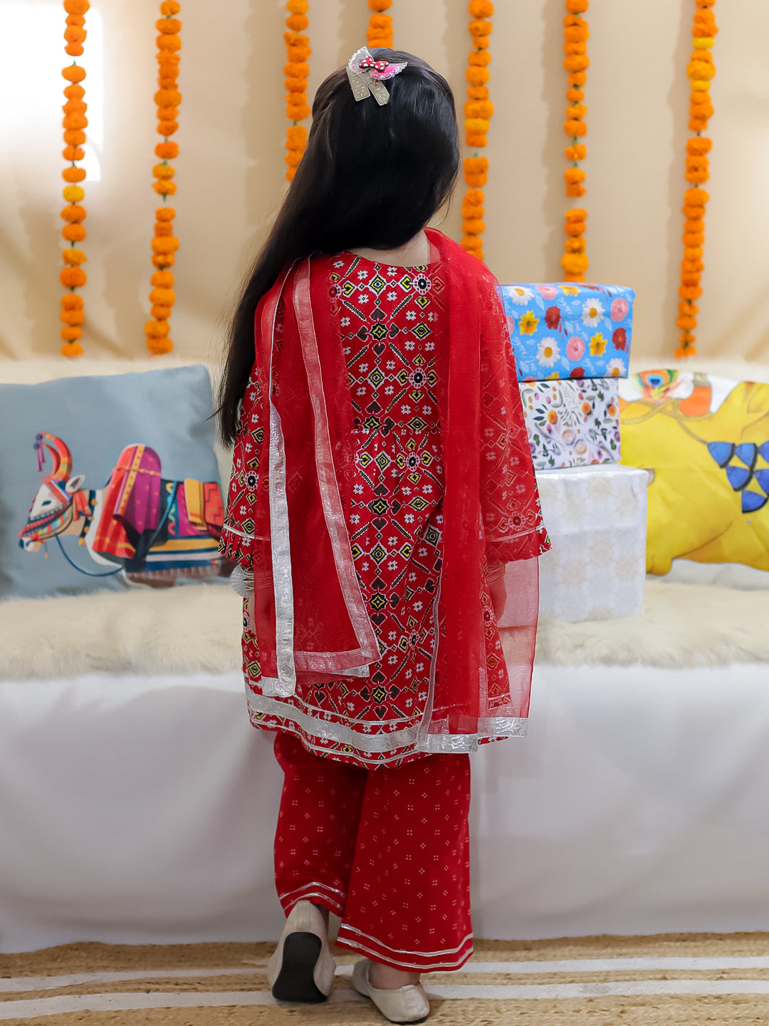 BownBee Girls Pure Cotton Angrakha Kurti Pant With Dupatta- Red