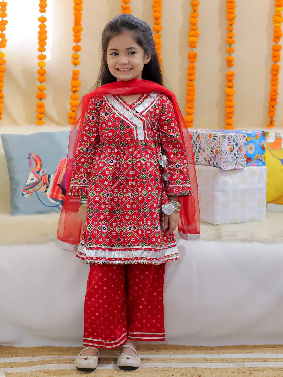 BownBee Girls Pure Cotton Angrakha Kurti Pant With Dupatta- Red