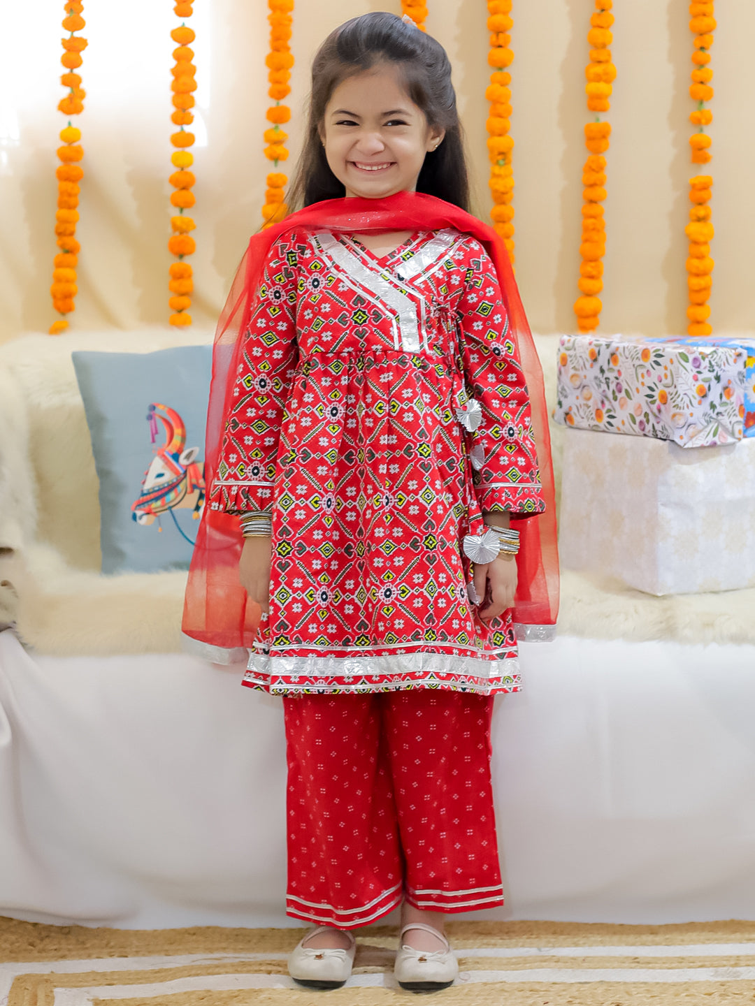 BownBee Girls Pure Cotton Angrakha Kurti Pant With Dupatta- Red