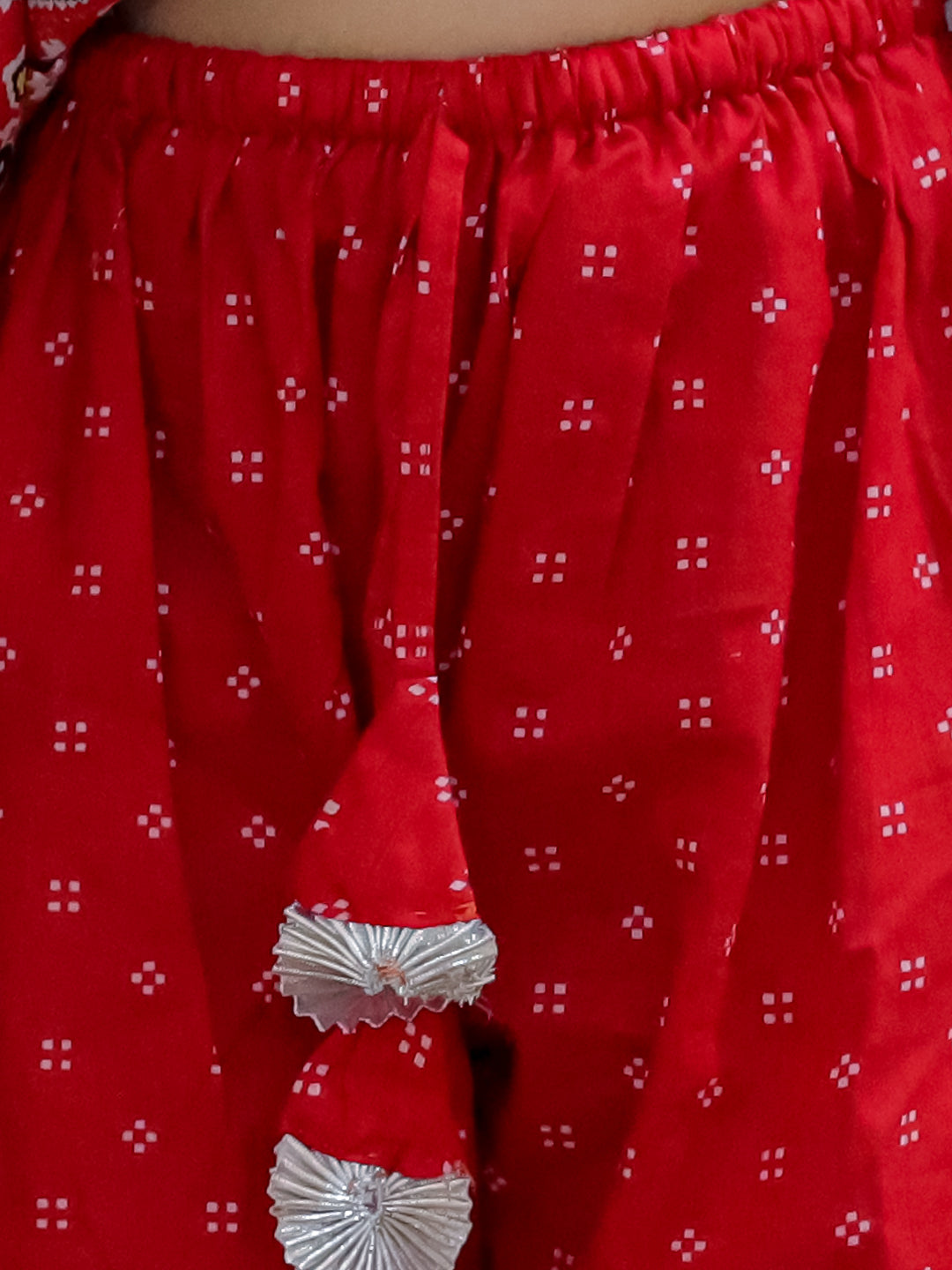 BownBee Girls Pure Cotton Angrakha Kurti Pant With Dupatta- Red