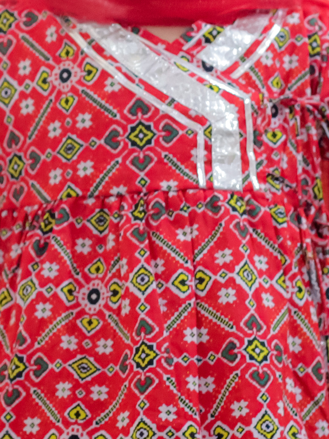 BownBee Girls Pure Cotton Angrakha Kurti Pant With Dupatta- Red