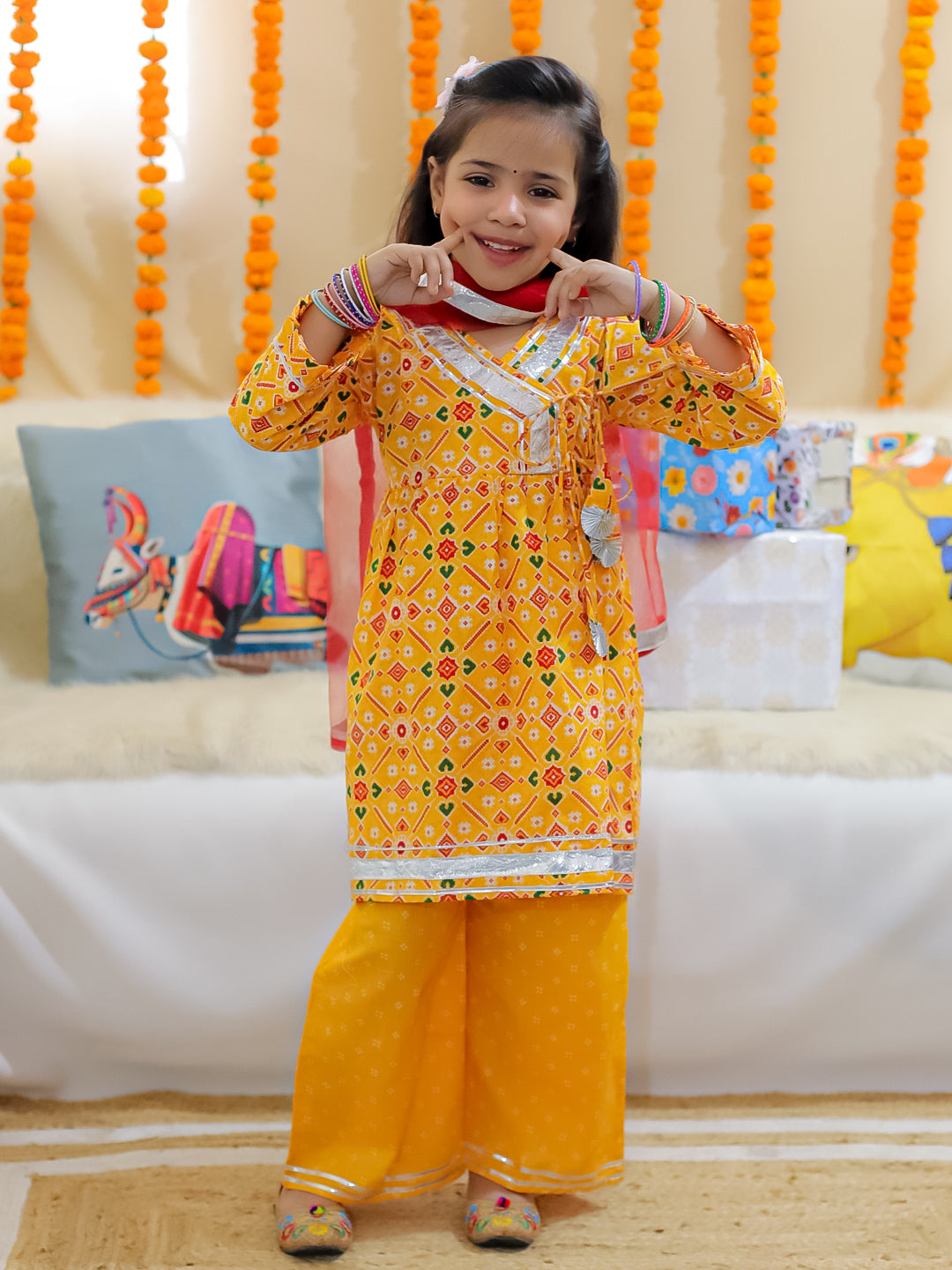 BownBee Sibling Set Pure Cotton Jacket Kurta Pajama with Angrakha Kurti Pant Dupatta Set- Yellow