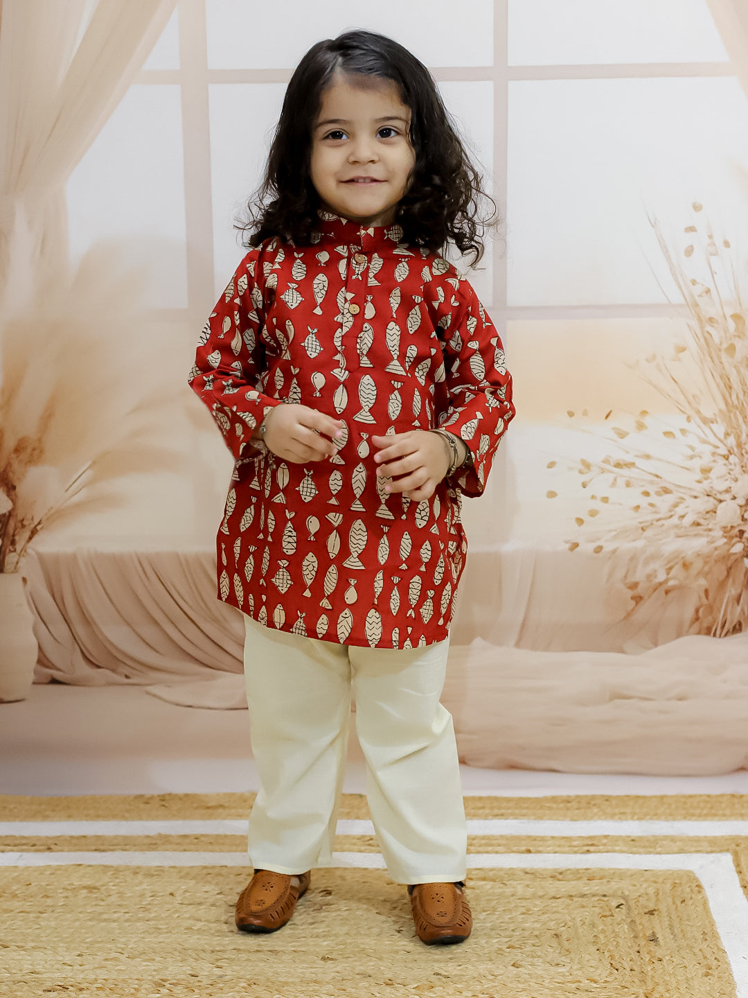 BownBee Boys Pure Cotton Fish Print Full Sleeve Kurta Pajama - Maroon