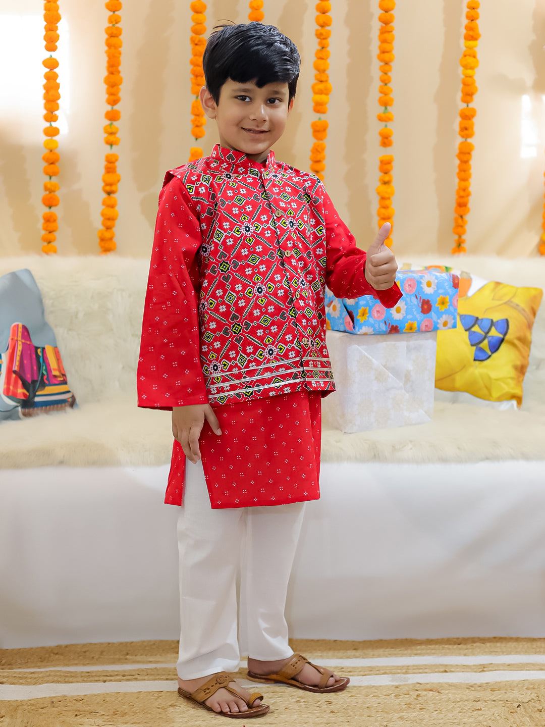 BownBee Pure Cotton Printed Jacket with Kurta Pajama for Boys- Red