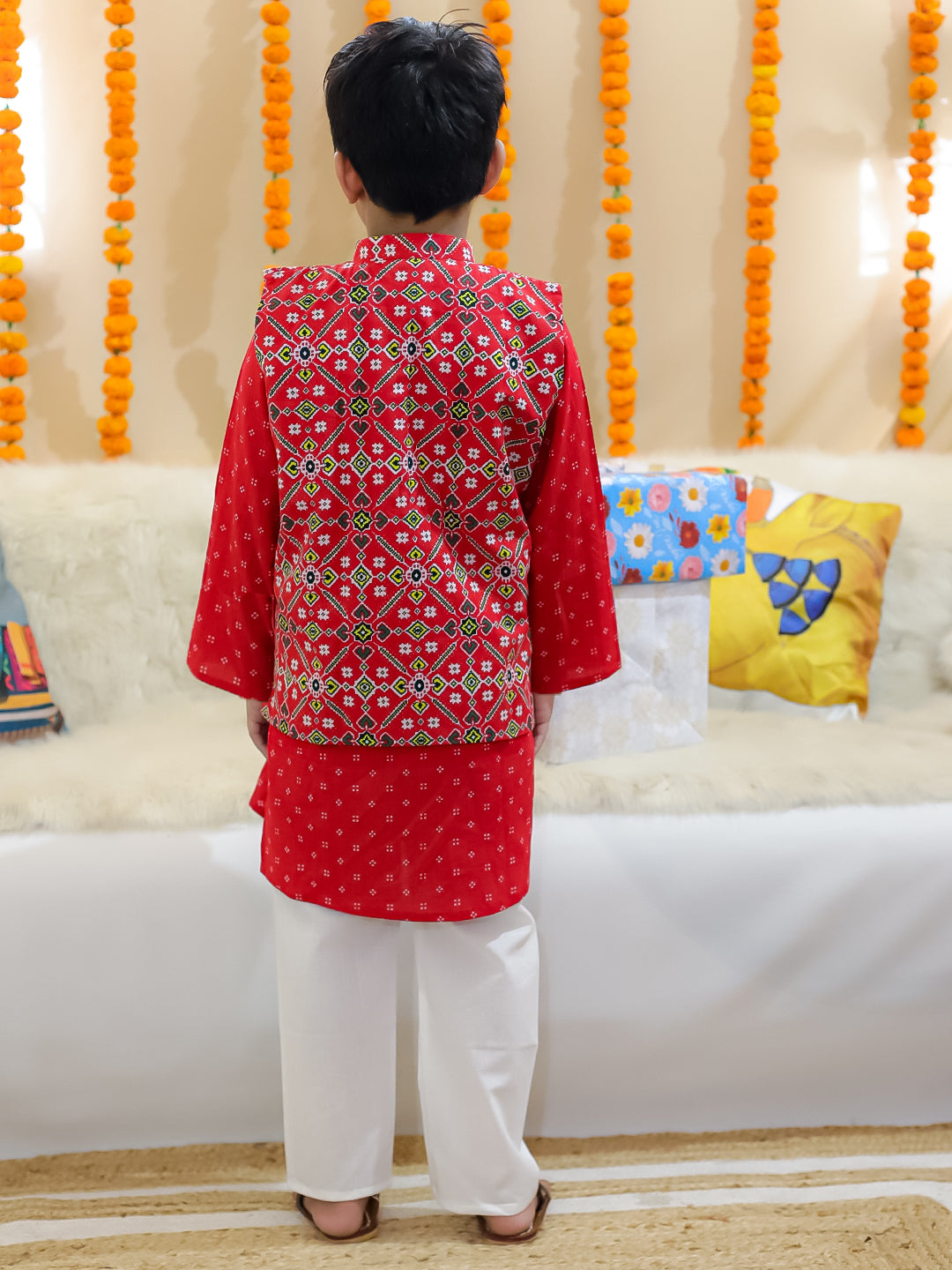 BownBee Pure Cotton Printed Jacket with Kurta Pajama for Boys- Red