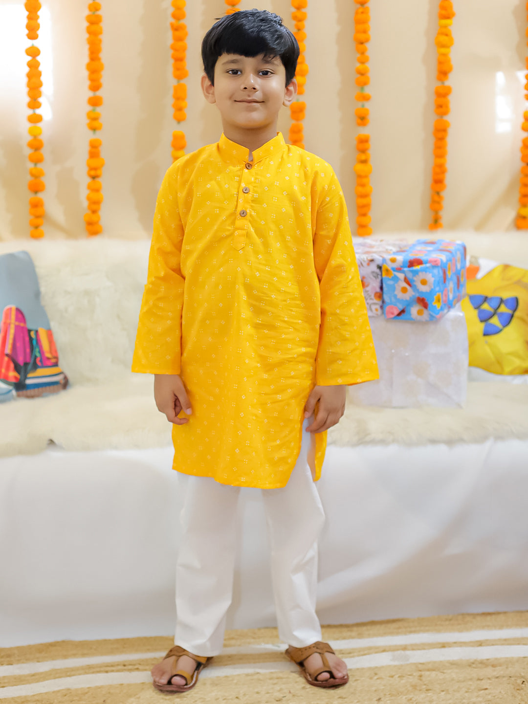BownBee Pure Cotton Printed Jacket with Kurta Pajama for Boys- Yellow