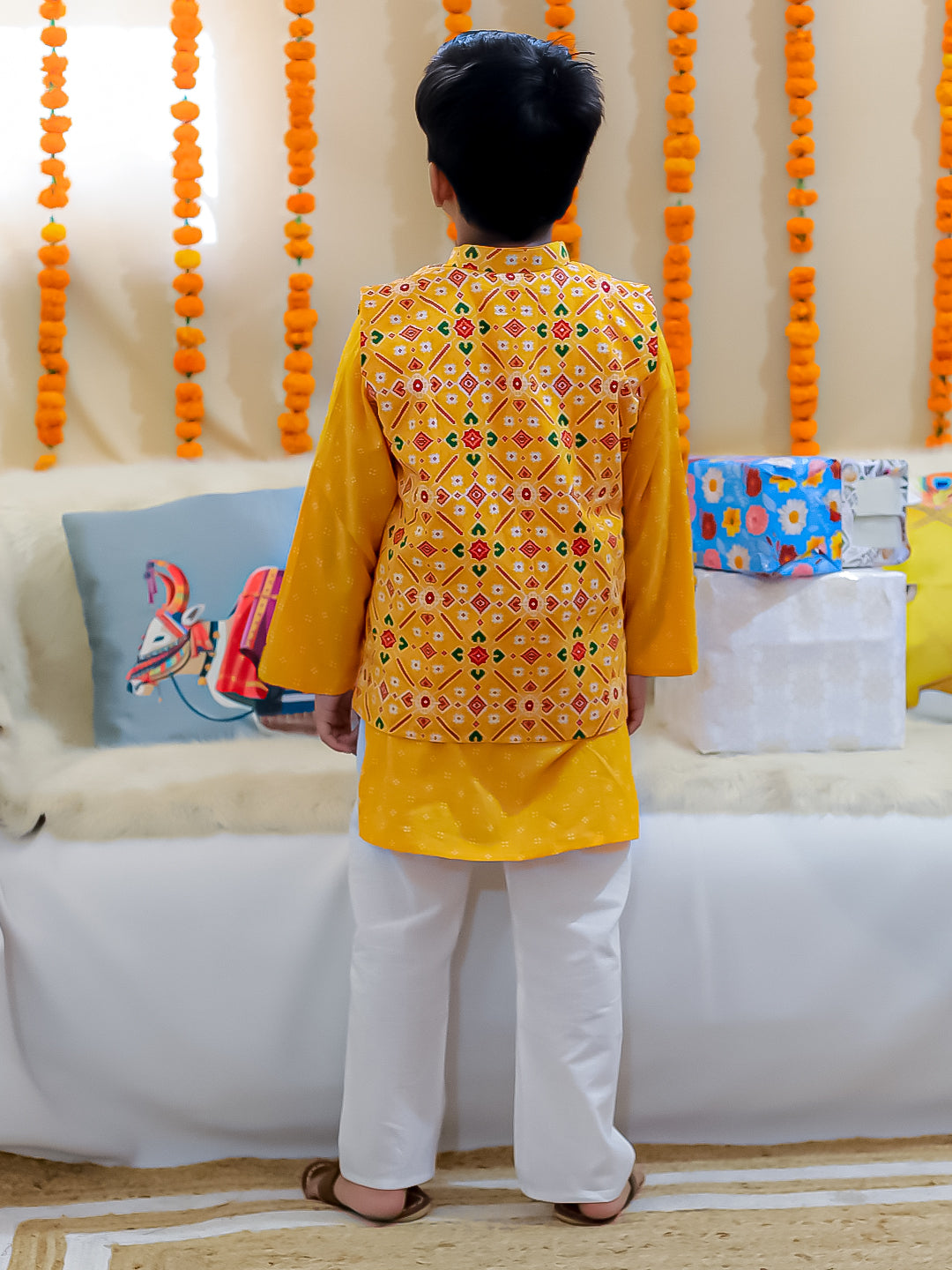 BownBee Pure Cotton Printed Jacket with Kurta Pajama for Boys- Yellow