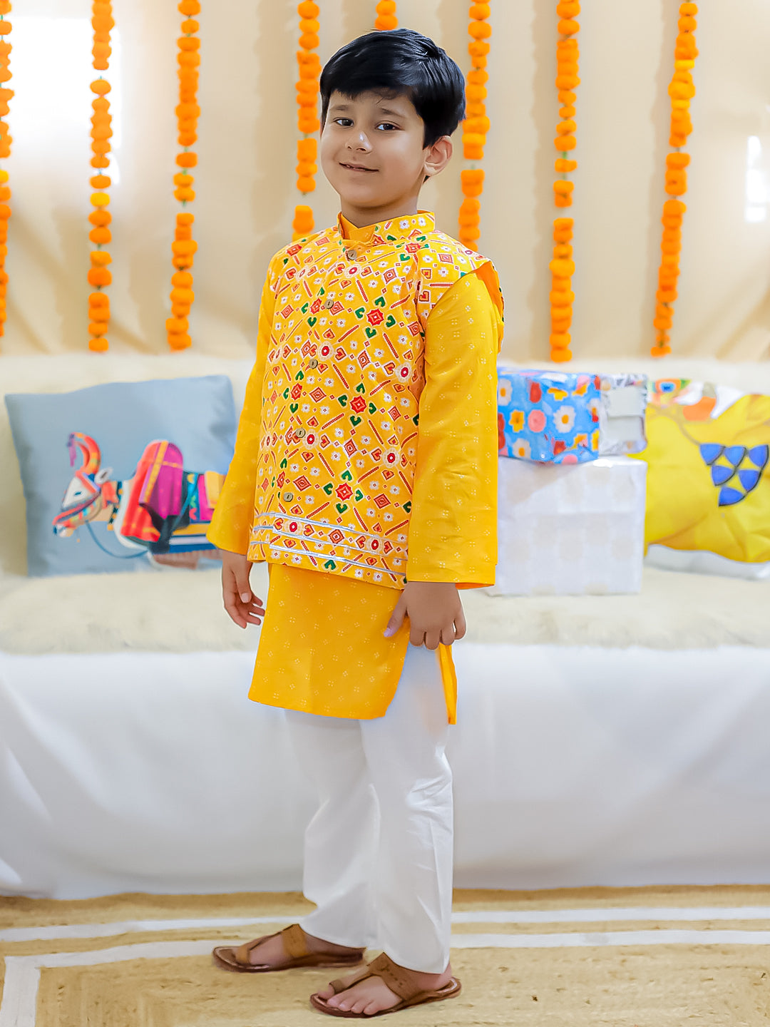 BownBee Pure Cotton Printed Jacket with Kurta Pajama for Boys- Yellow