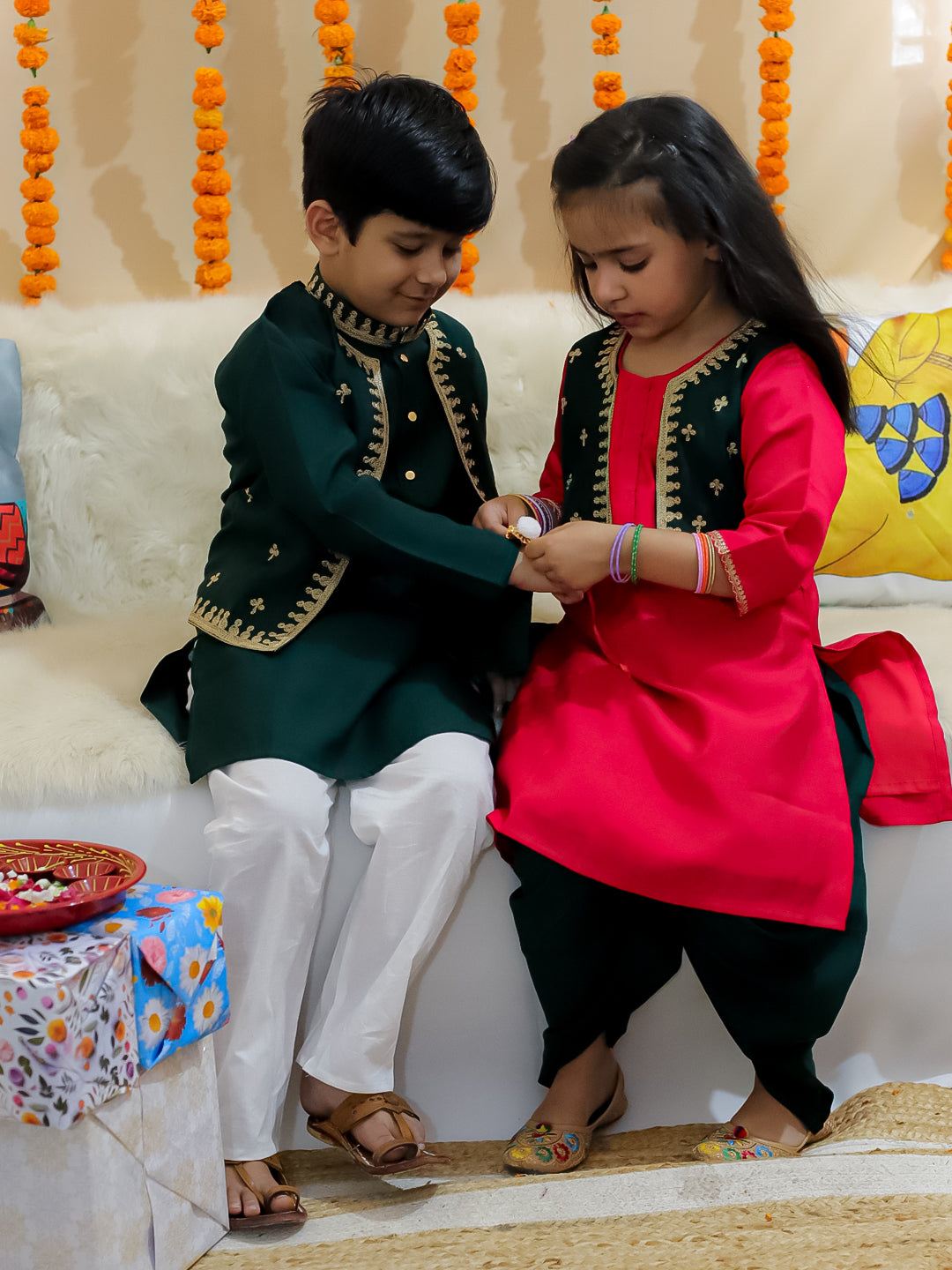 BownBee Sibling Set Embroidered Attached Jacket Kurta Pajama with Attached Jacket Kurti Dhoti- Green