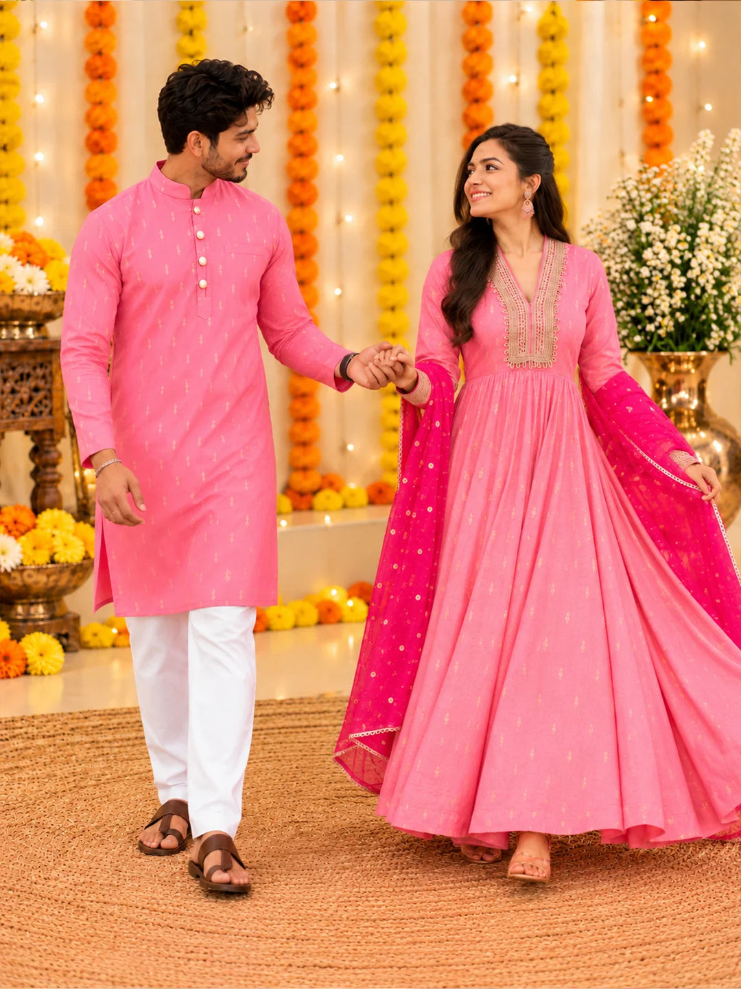 BownBee Blush Pink Chanderi Booti Embroidered Matching Ethnic Couple Combo Set
