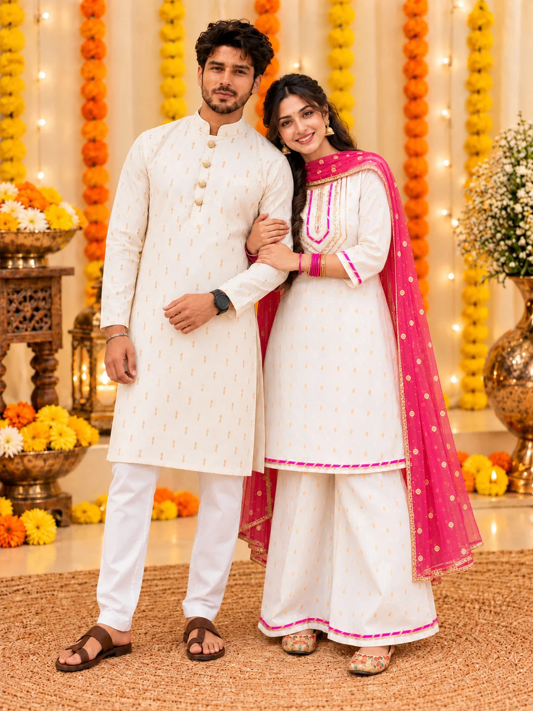 BownBee  Chanderi Golden Booti Matching Ethnic Couple Combo Set