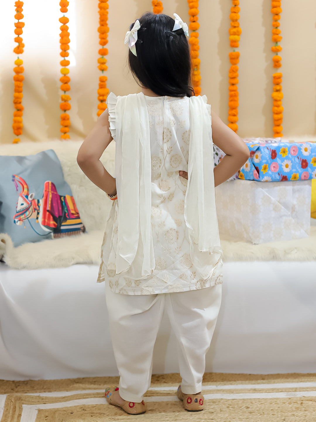 BownBee Girls Chanderi Kurti with Patiala Salwar and Dupatta - Off White